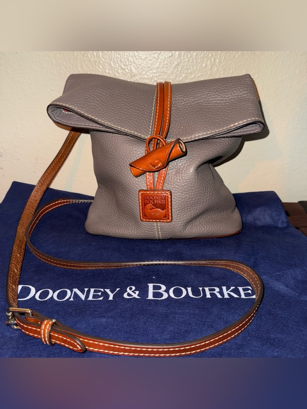 Dooney & Bourke Gray Pebble Leather Crossbody with Brown Trim Strap  Dust Bag